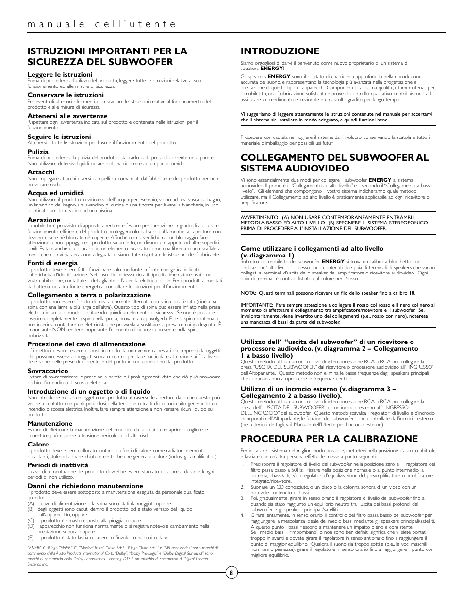 Introduzione, Collegamento del subwoofer al sistema audiovideo, Procedura per la calibrazione | Energy Speaker Systems Energy RC-Micro TAKE 5+1 User Manual | Page 8 / 22