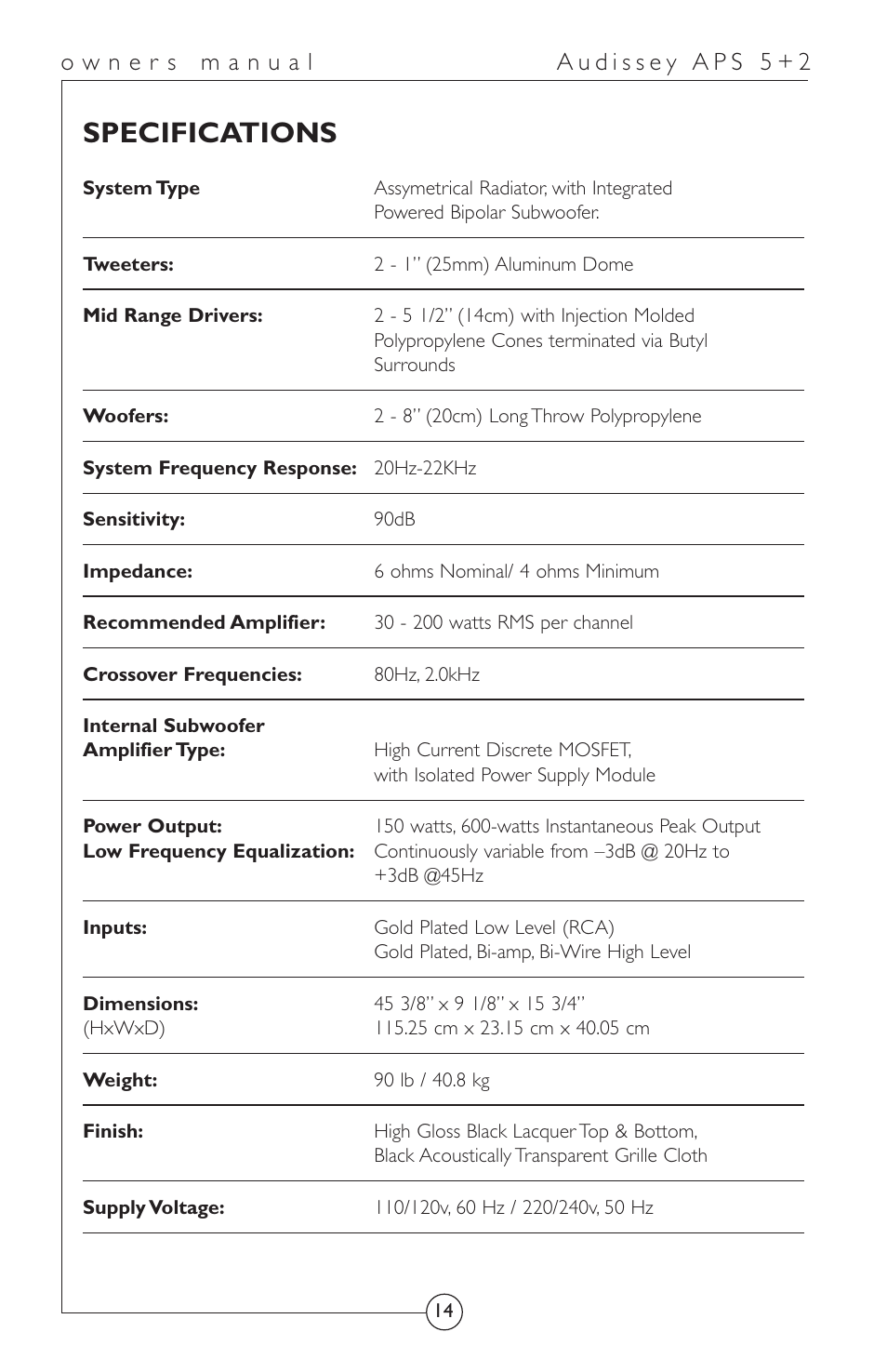 Specifications | Energy Speaker Systems APS 5+2 User Manual | Page 15 / 17