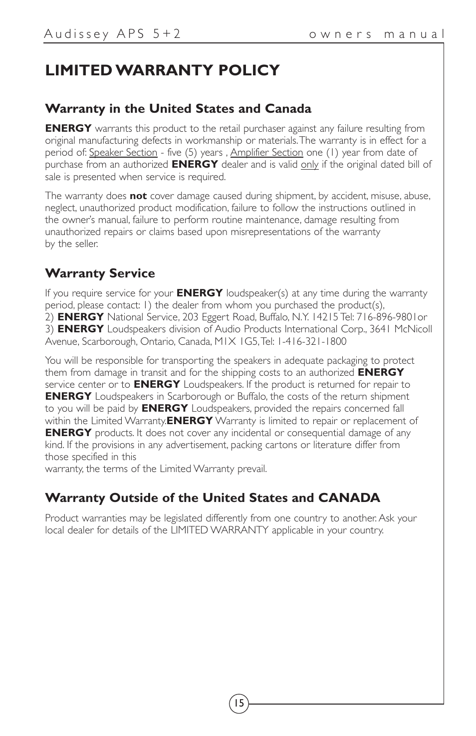 Limited warranty policy | Energy Speaker Systems APS 5+2 User Manual | Page 16 / 17