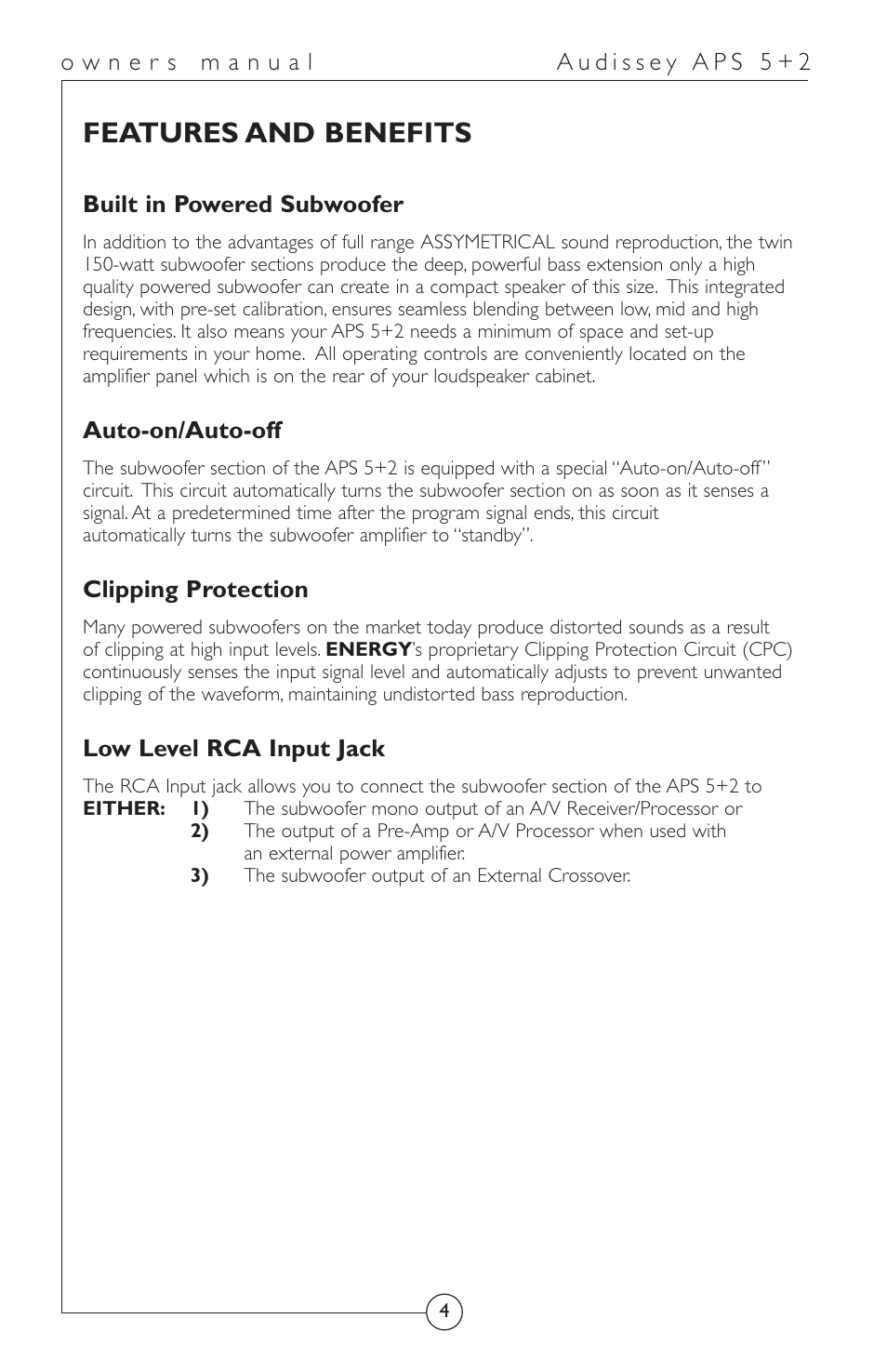 Features and benefits | Energy Speaker Systems APS 5+2 User Manual | Page 5 / 17