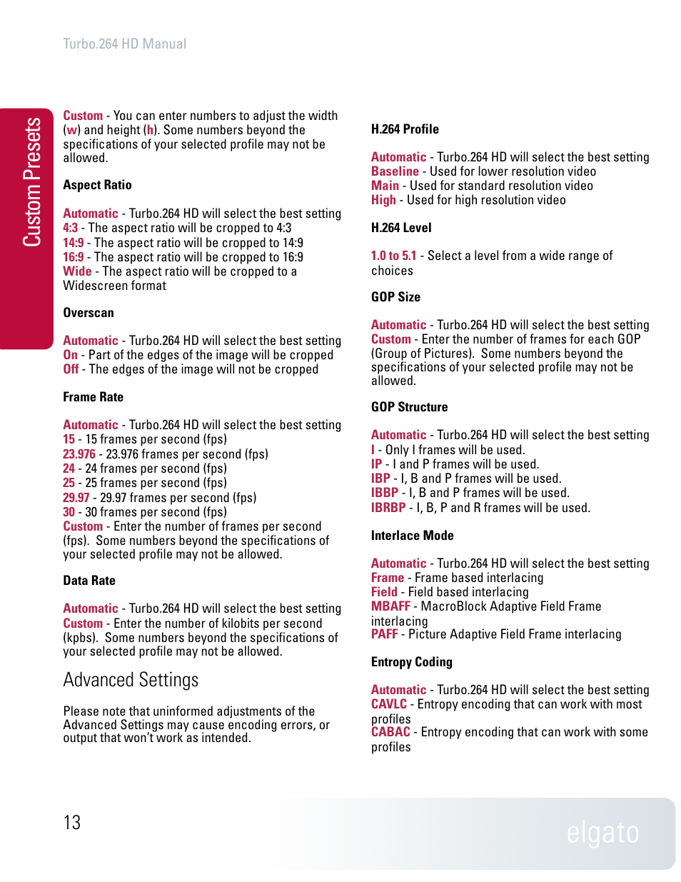 Custom presets, Advanced settings | Elgato TURBO.264 HD User Manual | Page 13 / 24