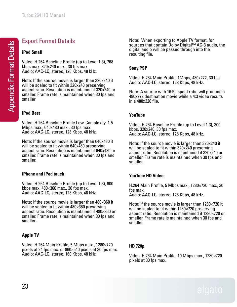 Appendix: format details, Export format details | Elgato TURBO.264 HD User Manual | Page 23 / 24
