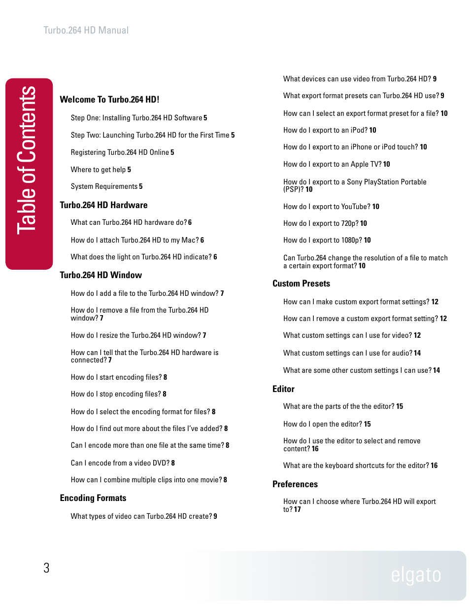 Ta bl e of c on te nt s | Elgato TURBO.264 HD User Manual | Page 3 / 24