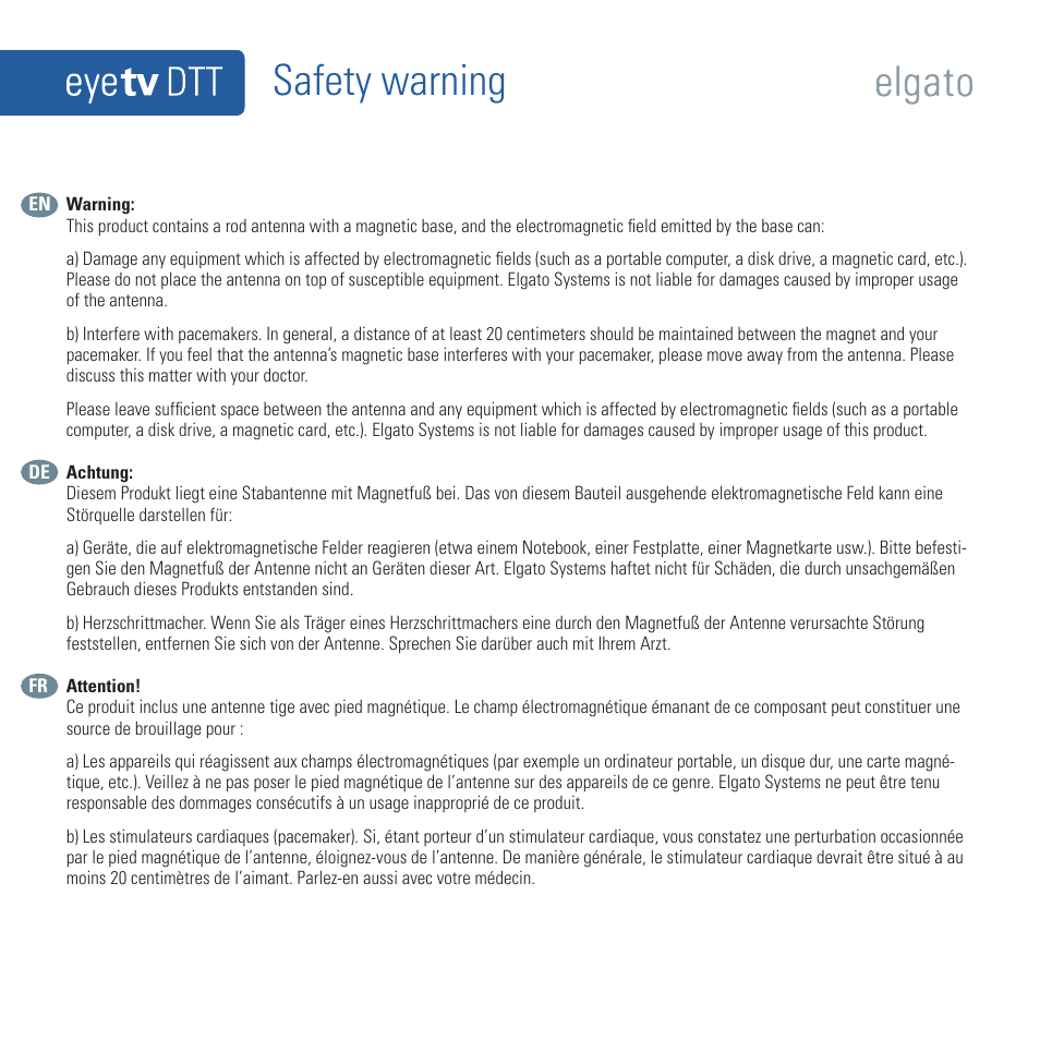 Quick start guide, What’s in the box, Safety warning | Elgato Eye TV DTT User Manual | Page 3 / 6