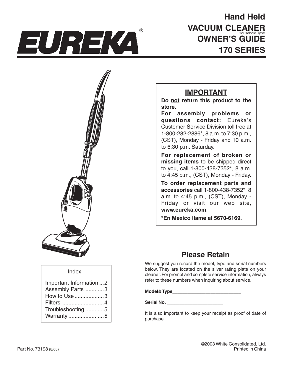 Eureka 170 SERIES User Manual | 5 pages