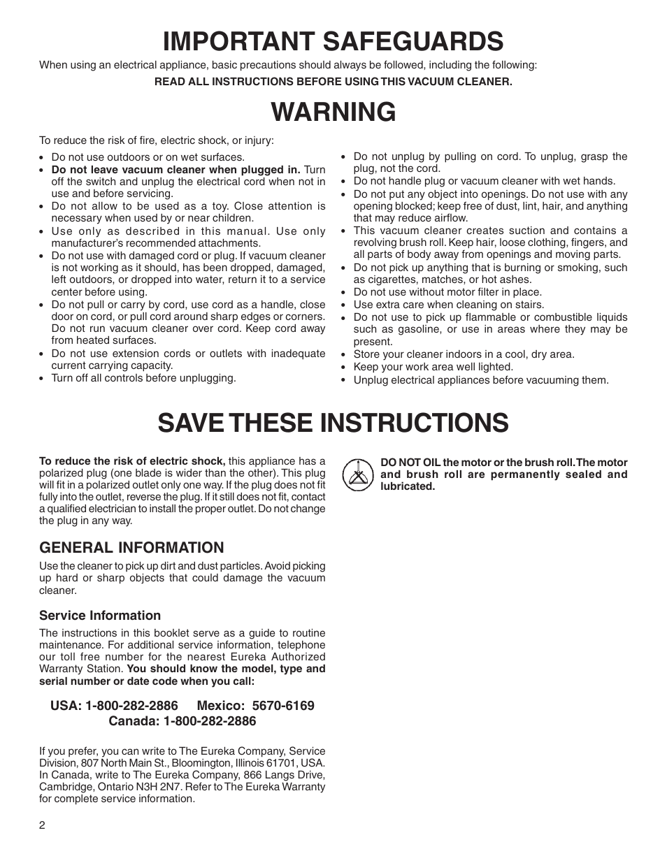 Important safeguards, Warning save these instructions, General information | Eureka 170 SERIES User Manual | Page 2 / 5