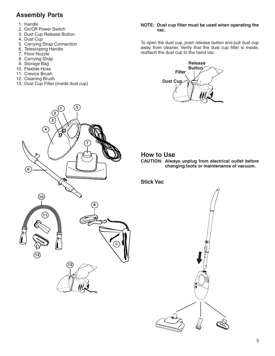 Assembly parts, How to use | Eureka 170 SERIES User Manual | Page 3 / 5