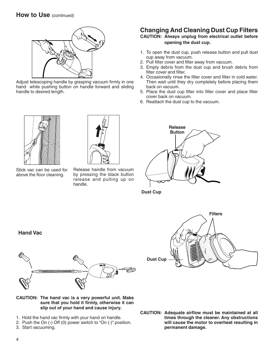 How to use, Changing and cleaning dust cup filters | Eureka 170 SERIES User Manual | Page 4 / 5