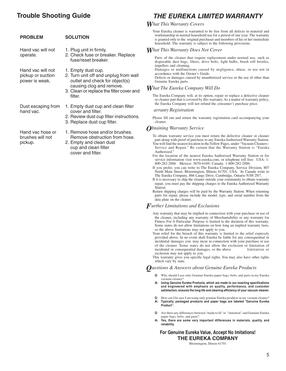 The eureka limited warranty, Trouble shooting guide | Eureka 170 SERIES User Manual | Page 5 / 5