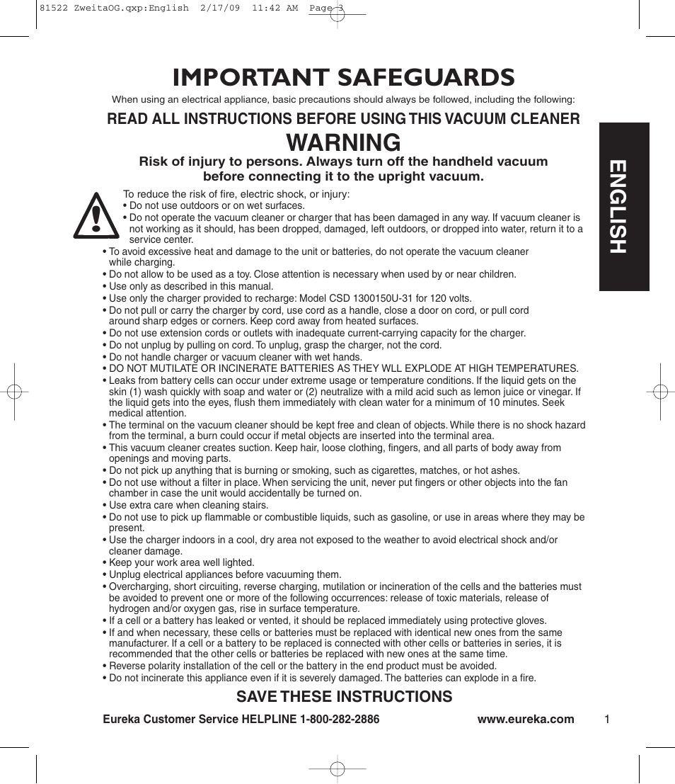 Important safeguards, Warning, En g l is h | Eureka 580 User Manual | Page 3 / 8