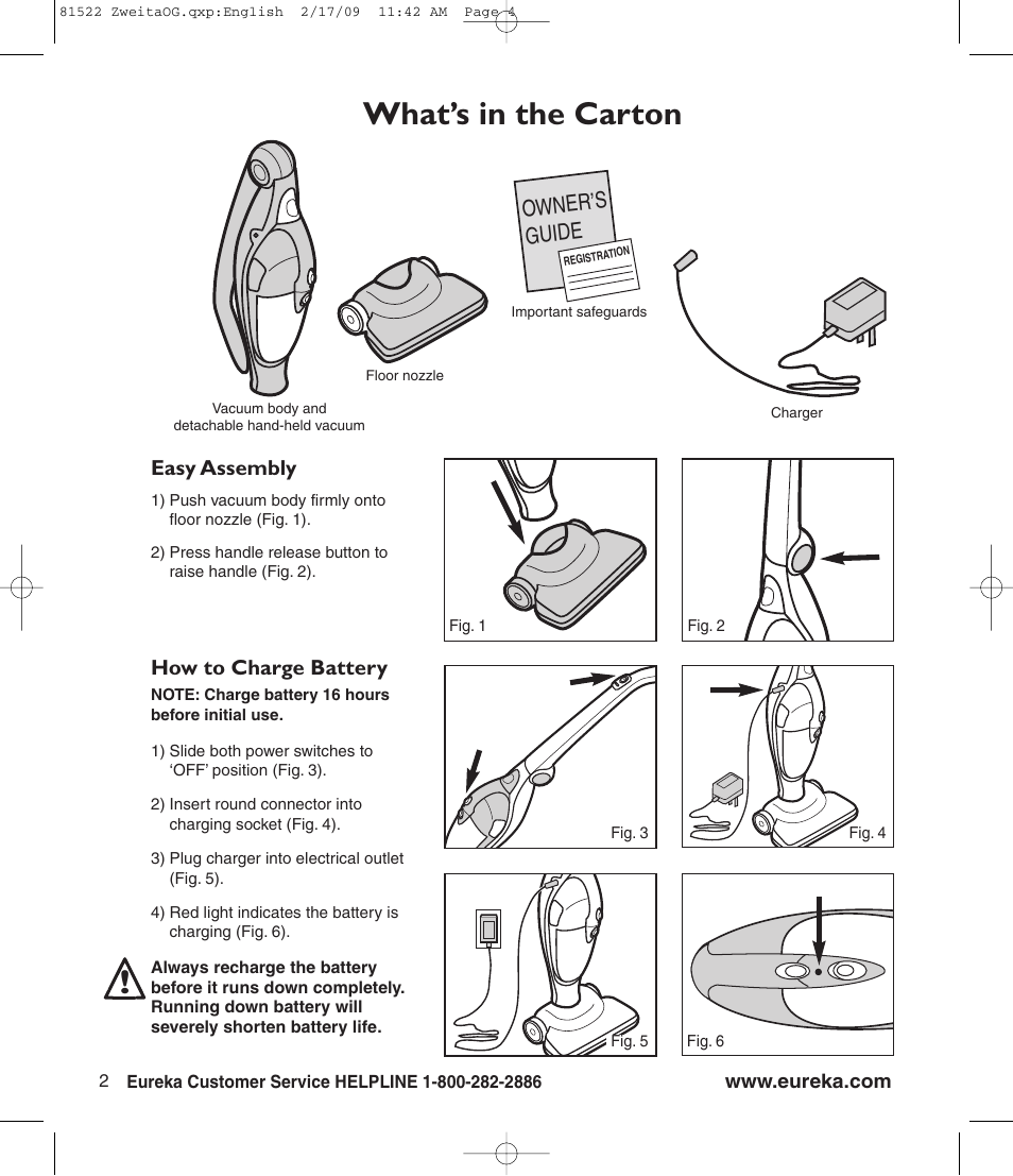 What’s in the carton, Owner’s guide, Easy assembly | How to charge battery | Eureka 580 User Manual | Page 4 / 8