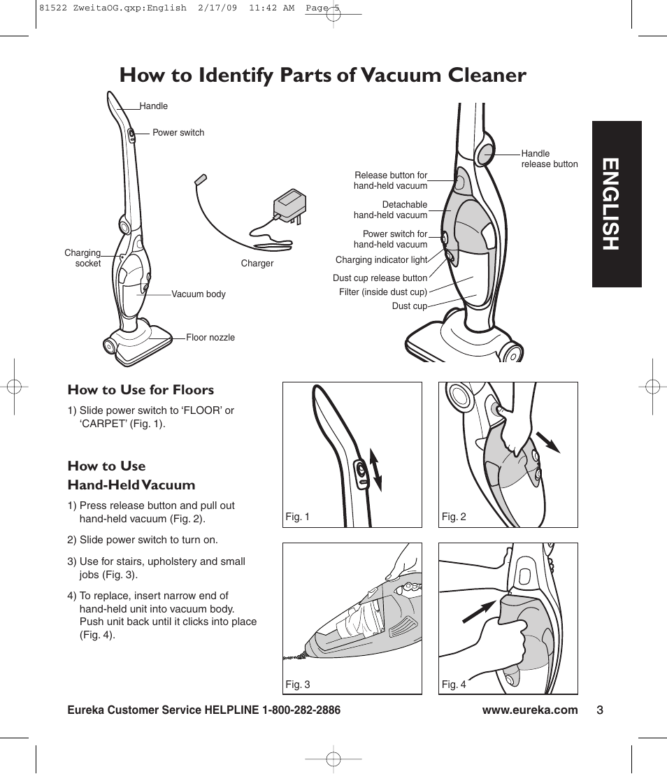 En g l is h, How to identify parts of vacuum cleaner | Eureka 580 User Manual | Page 5 / 8