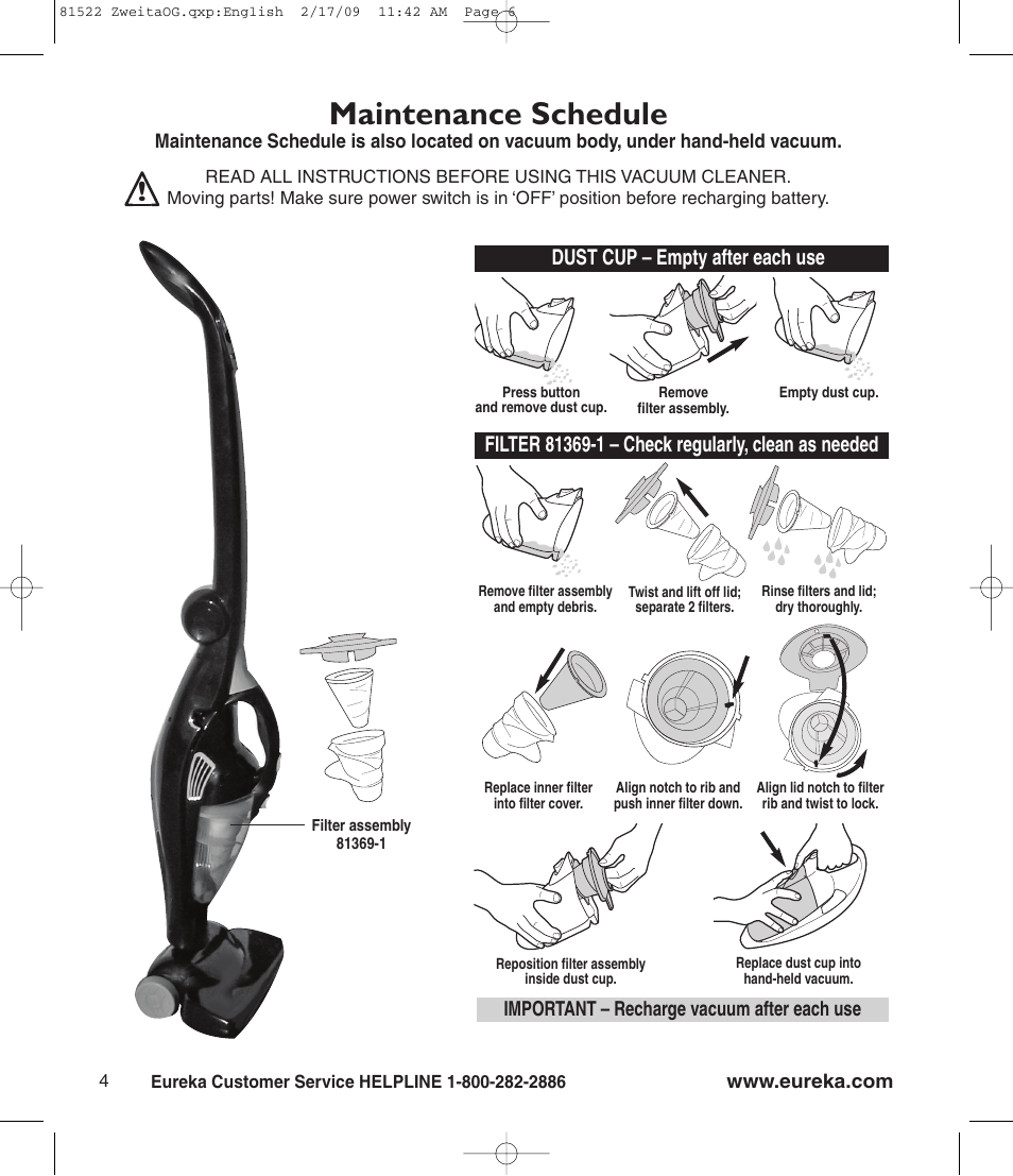 Maintenance schedule, Dust cup – empty after each use | Eureka 580 User Manual | Page 6 / 8