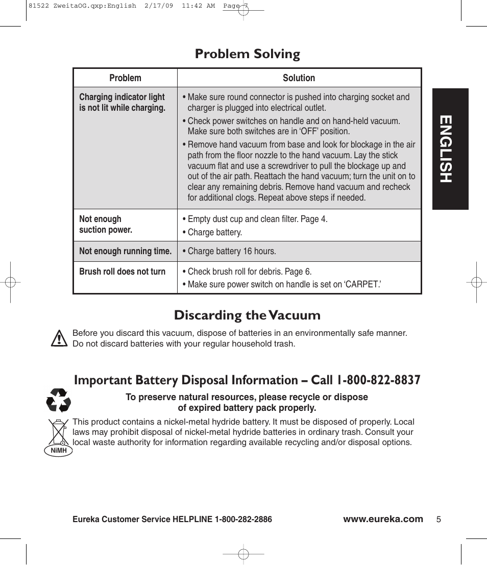 En g l is h, Problem solving, Discarding the vacuum | Eureka 580 User Manual | Page 7 / 8