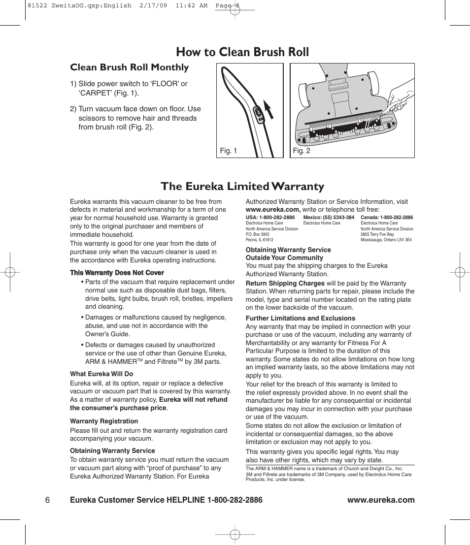 How to clean brush roll, The eureka limited warranty, Clean brush roll monthly | Eureka 580 User Manual | Page 8 / 8