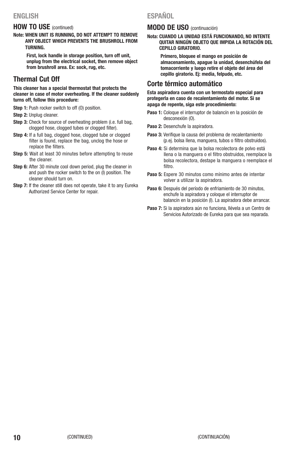 10 english how to use, Thermal cut off, Español modo de uso | Corte térmico automático | Eureka 4870 Series User Manual | Page 10 / 24
