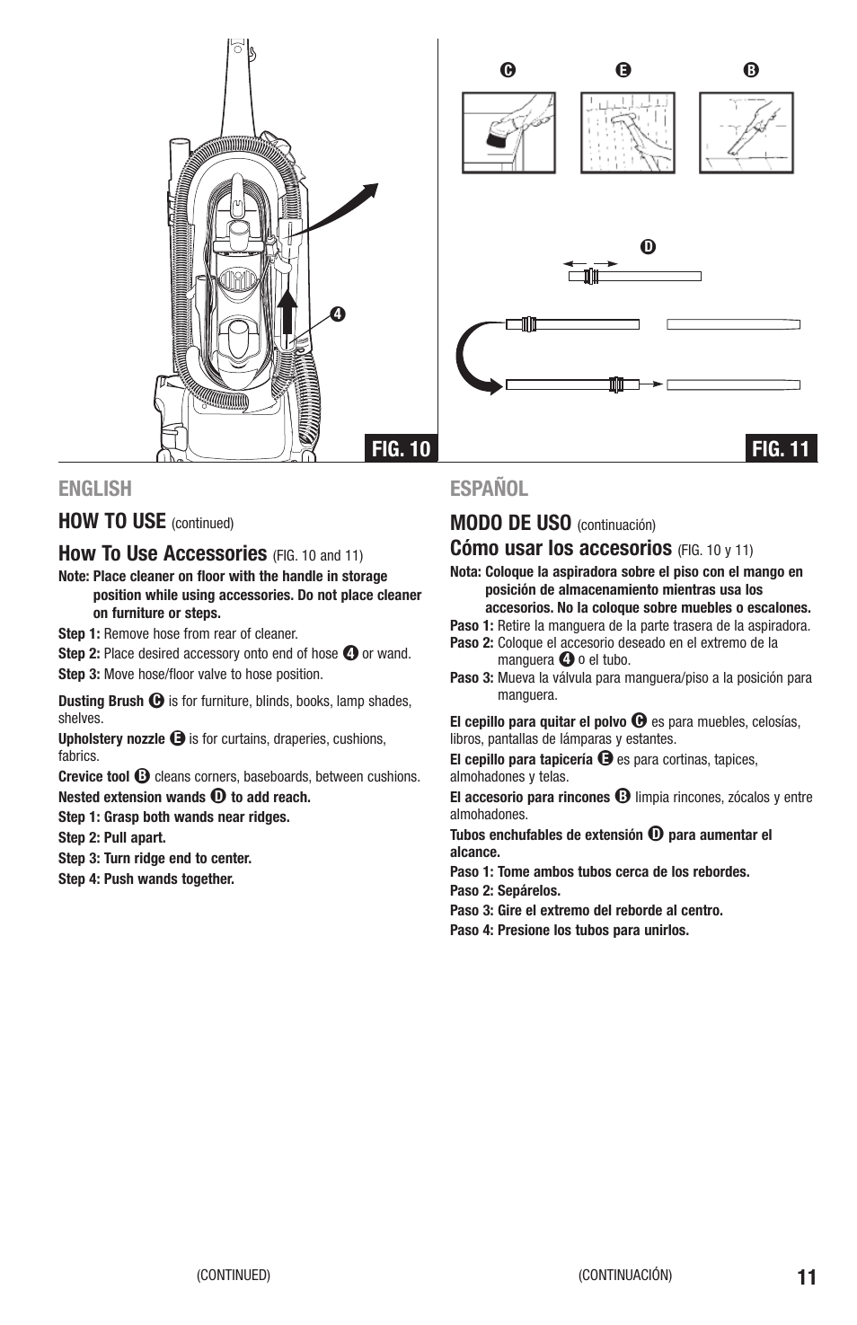 English how to use, How to use accessories, Español modo de uso | Cómo usar los accesorios, Fig. 10 fig. 11 | Eureka 4870 Series User Manual | Page 11 / 24