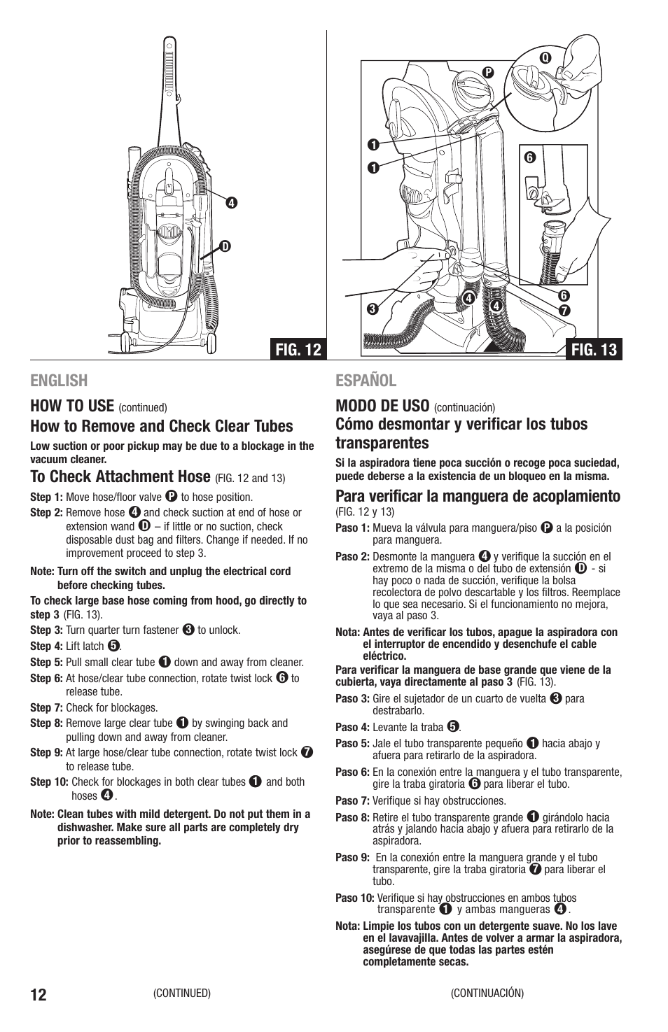 12 english how to use, How to remove and check clear tubes, Español modo de uso | Cómo desmontar y verificar los tubos transparentes, Para verificar la manguera de acoplamiento, Fig. 12, Fig. 13 | Eureka 4870 Series User Manual | Page 12 / 24
