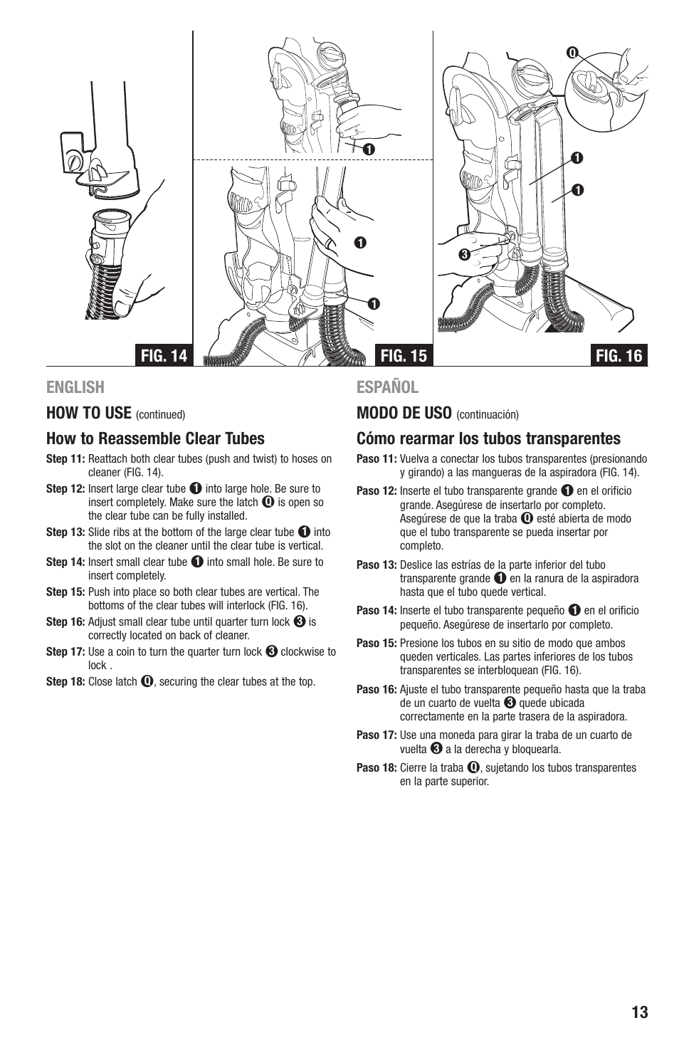 13 english how to use, How to reassemble clear tubes, Español modo de uso | Cómo rearmar los tubos transparentes | Eureka 4870 Series User Manual | Page 13 / 24