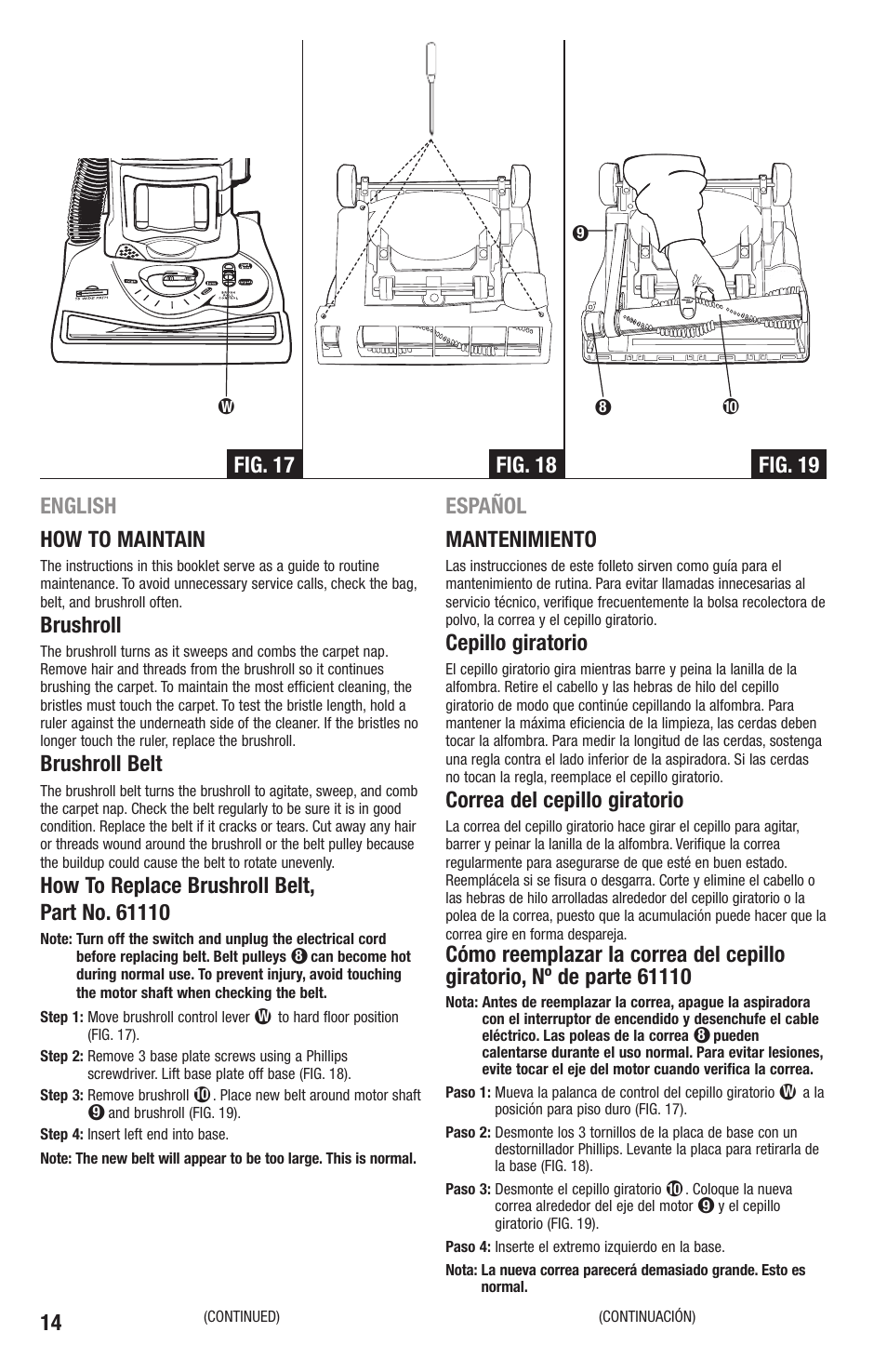 14 english how to maintain, Brushroll, Brushroll belt | Español mantenimiento, Cepillo giratorio, Correa del cepillo giratorio | Eureka 4870 Series User Manual | Page 14 / 24