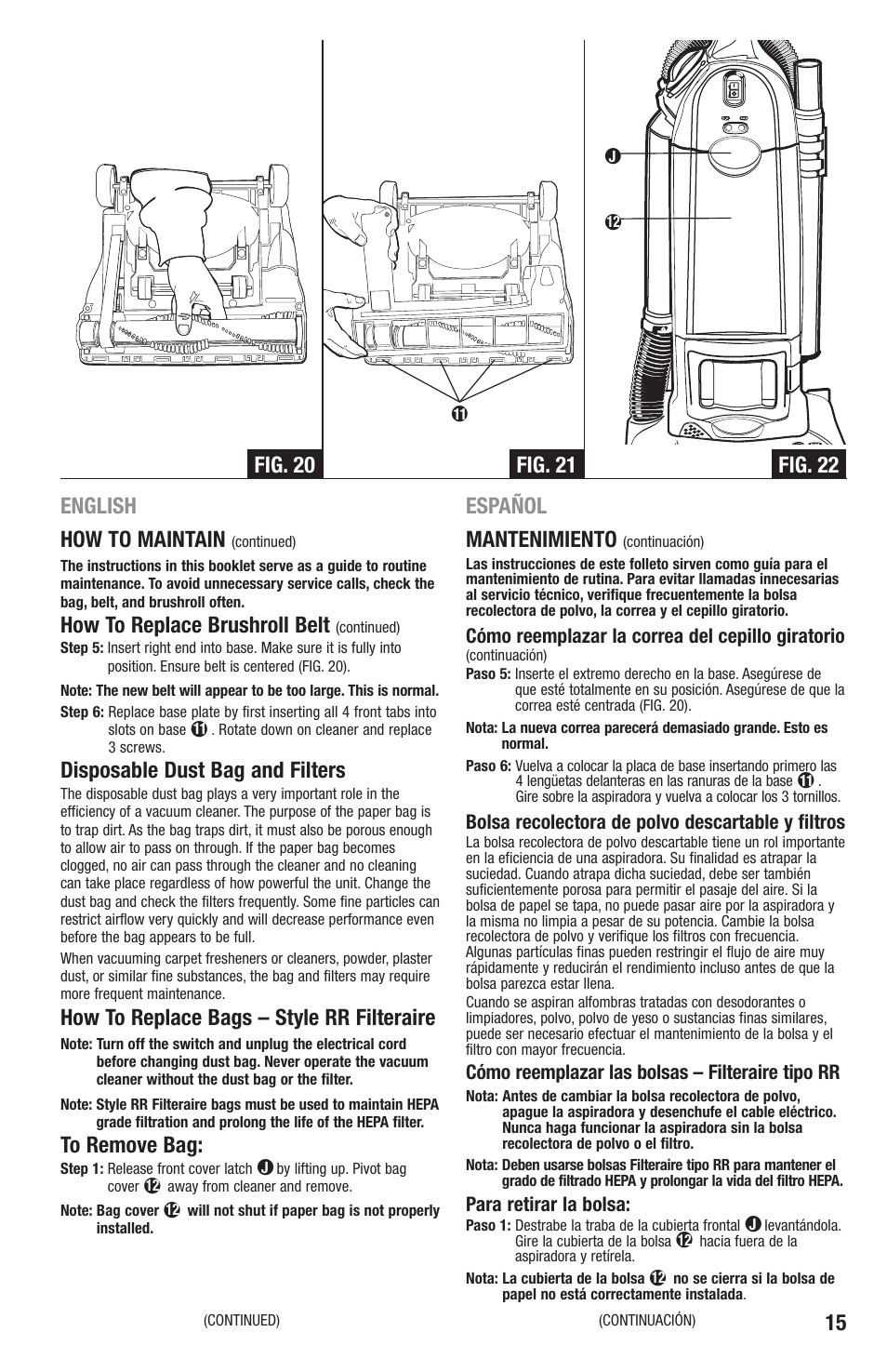 15 english how to maintain, How to replace brushroll belt, Disposable dust bag and filters | How to replace bags – style rr filteraire, Español mantenimiento | Eureka 4870 Series User Manual | Page 15 / 24