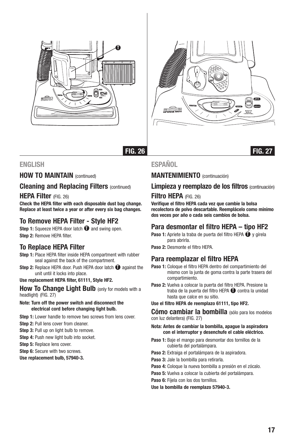 17 english how to maintain, Cleaning and replacing filters, Hepa filter | How to change light bulb, Español mantenimiento, Limpieza y reemplazo de los filtros, Filtro hepa, Para desmontar el filtro hepa – tipo hf2, Para reemplazar el filtro hepa, Cómo cambiar la bombilla | Eureka 4870 Series User Manual | Page 17 / 24