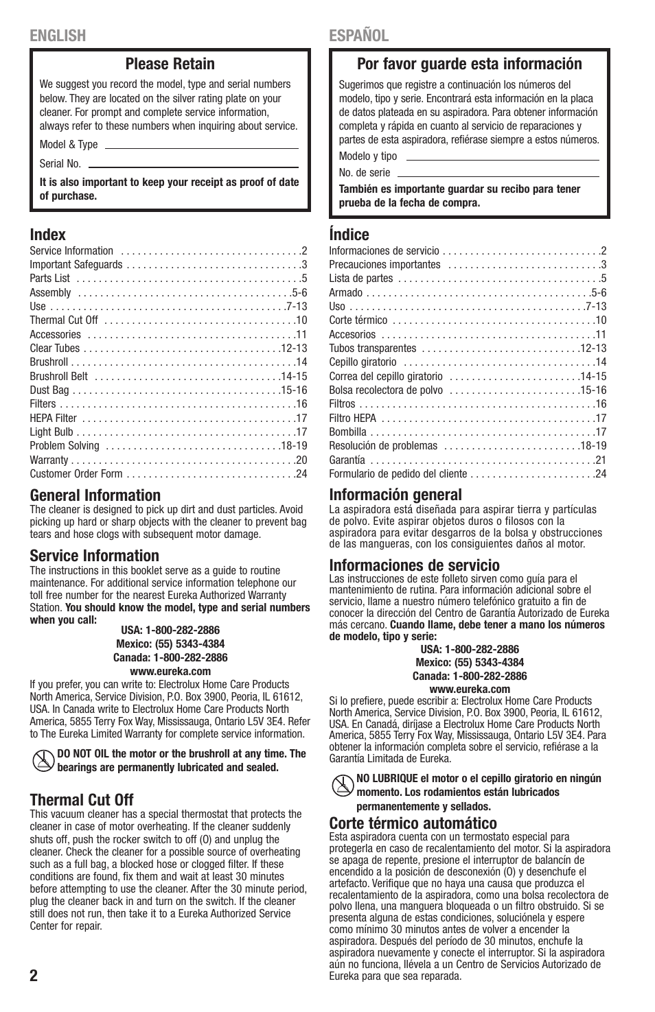 Index, General information, Service information | Thermal cut off, Índice, Información general, Informaciones de servicio, Corte térmico automático, English español please retain, Por favor guarde esta información | Eureka 4870 Series User Manual | Page 2 / 24