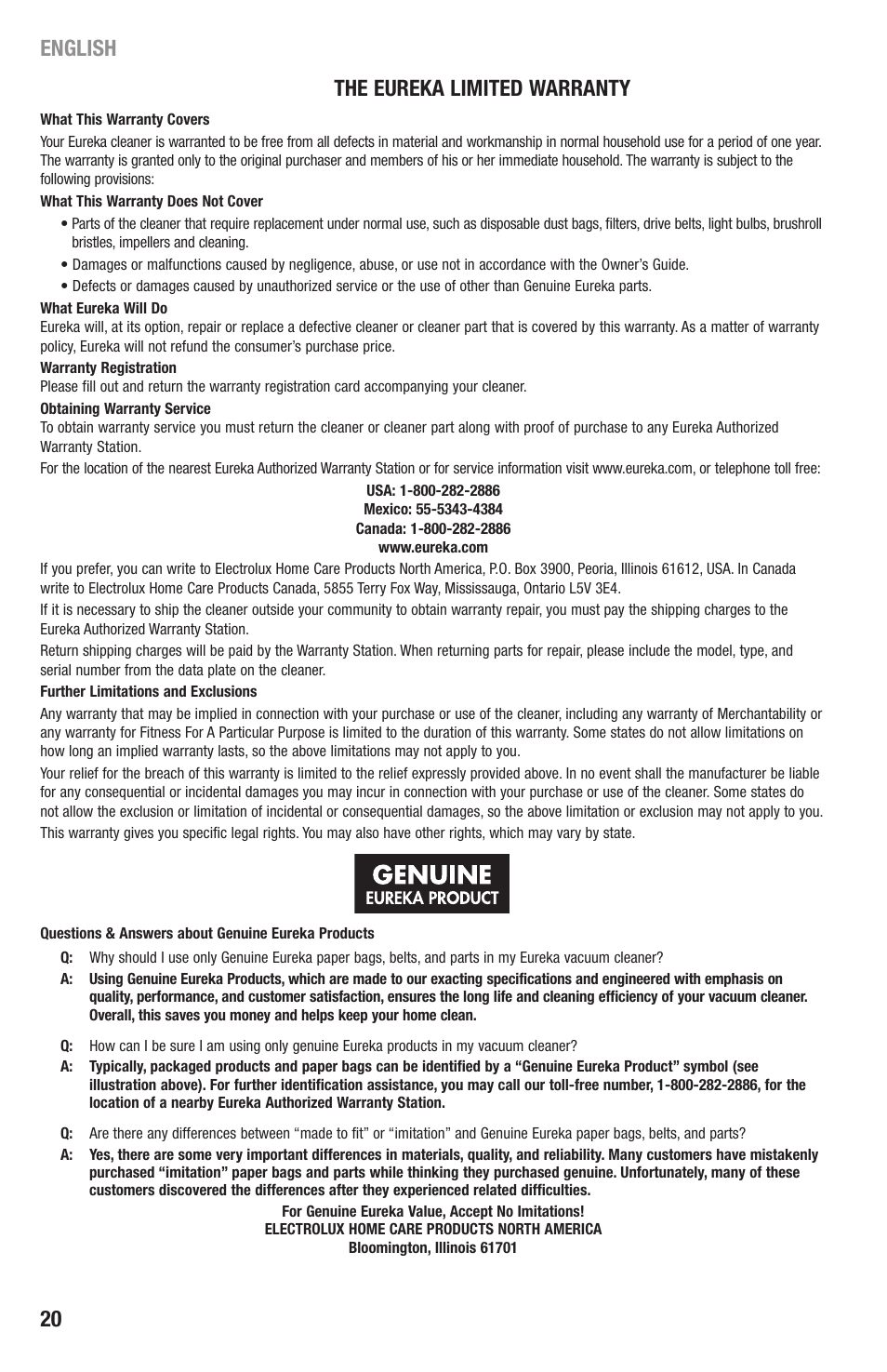 The eureka limited warranty, English 20 | Eureka 4870 Series User Manual | Page 20 / 24