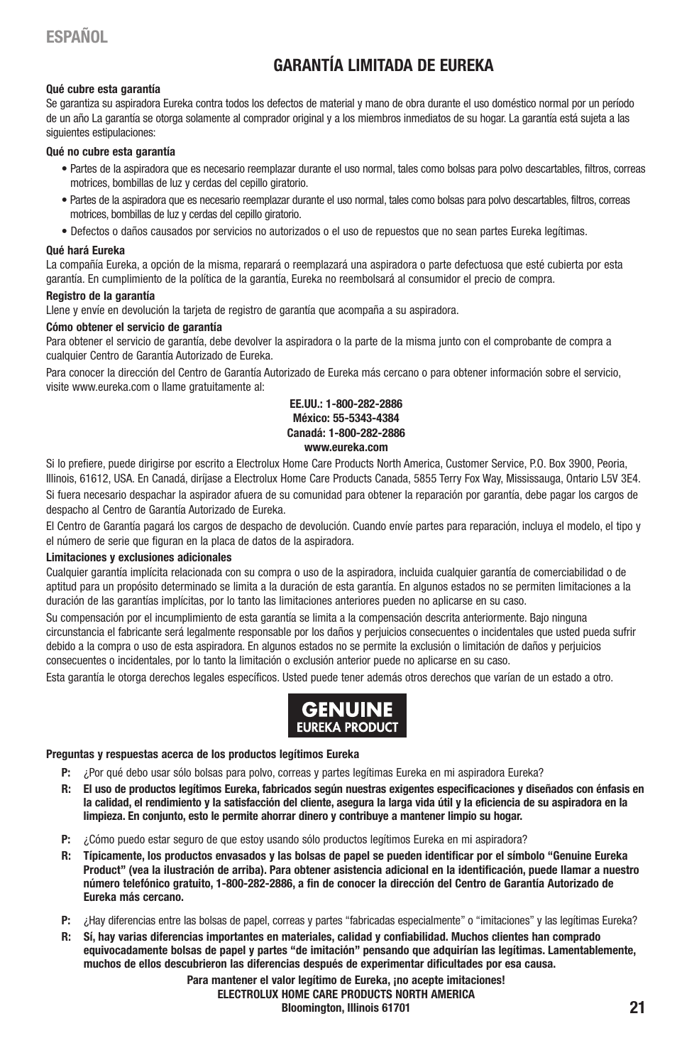 21 garantía limitada de eureka, Español | Eureka 4870 Series User Manual | Page 21 / 24