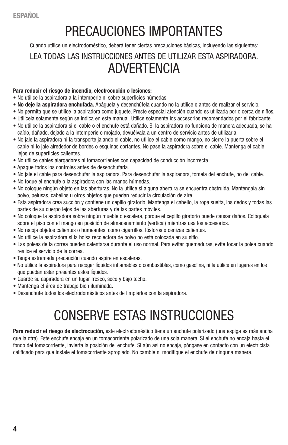 Precauciones importantes, Advertencia, Conserve estas instrucciones | Eureka 4870 Series User Manual | Page 4 / 24