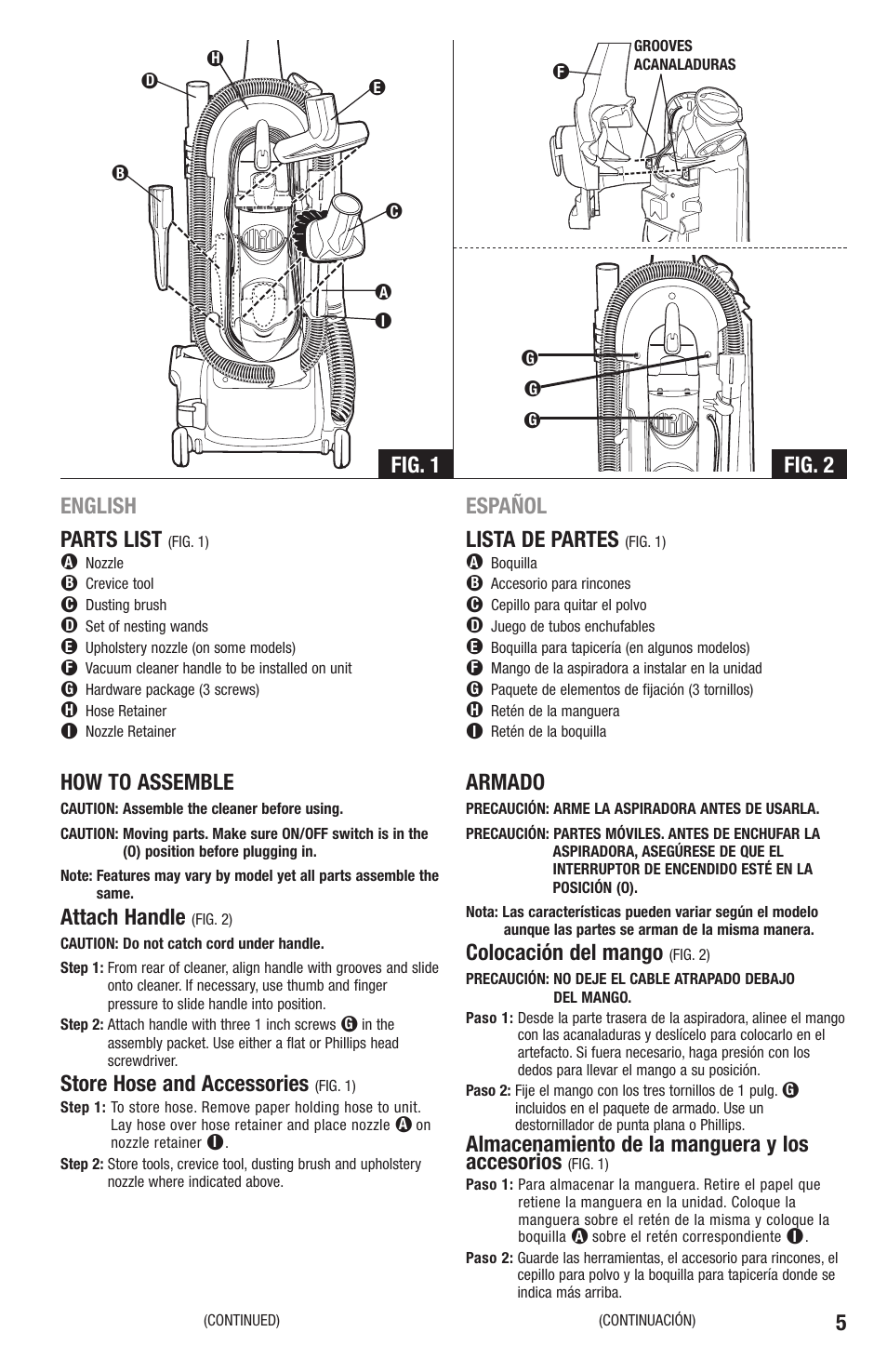 Fig. 1 fig. 2 5, English parts list, How to assemble | Attach handle, Store hose and accessories, Español lista de partes, Armado, Colocación del mango, Almacenamiento de la manguera y los accesorios | Eureka 4870 Series User Manual | Page 5 / 24