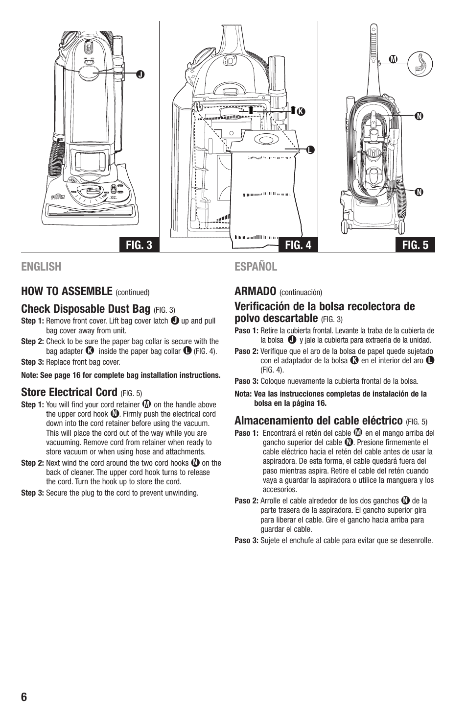 English how to assemble, Check disposable dust bag, Store electrical cord | Español armado, Almacenamiento del cable eléctrico, Fig. 3 fig. 4 fig. 5 | Eureka 4870 Series User Manual | Page 6 / 24
