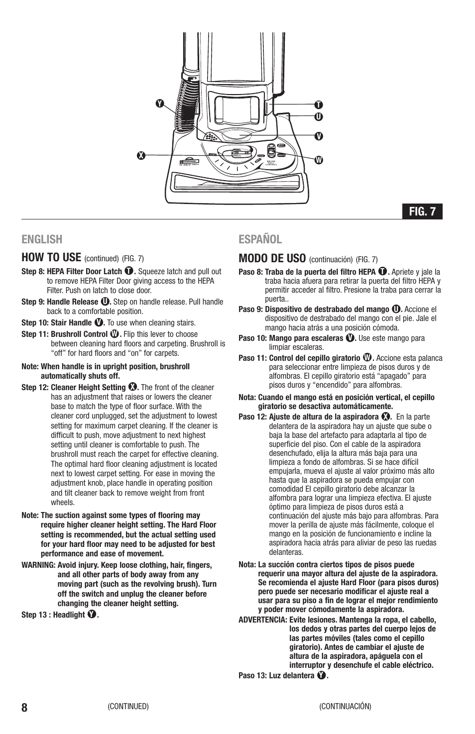 English how to use, Español modo de uso, Fig. 7 | Eureka 4870 Series User Manual | Page 8 / 24