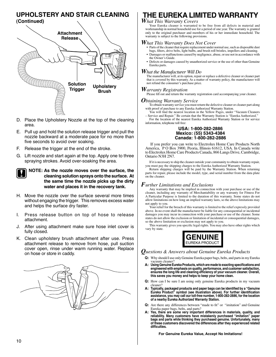 The eureka limited warranty, Genuine, Upholstery and stair cleaning | Eureka 2590 Series User Manual | Page 10 / 11