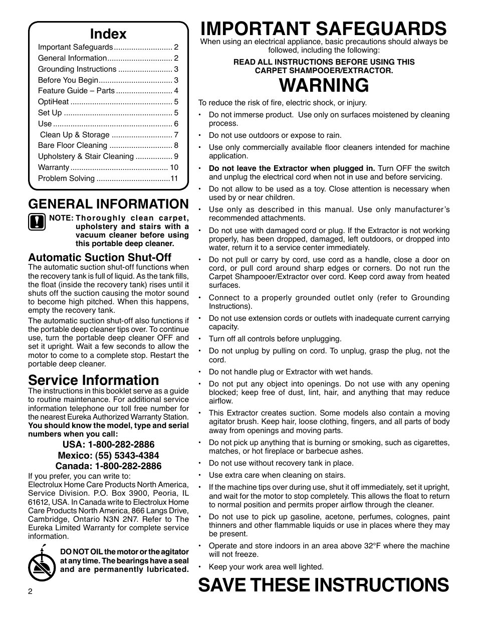 Important safeguards, Warning, Save these instructions | Service information, Index, General information, Automatic suction shut-off | Eureka 2590 Series User Manual | Page 2 / 11