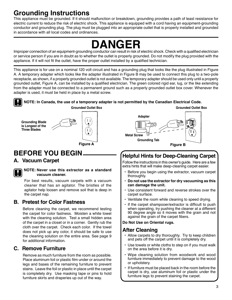 Danger, Grounding instructions, Before you begin | A. vacuum carpet, B. pretest for color fastness, C. remove furniture, Helpful hints for deep-cleaning carpet, After cleaning | Eureka 2590 Series User Manual | Page 3 / 11
