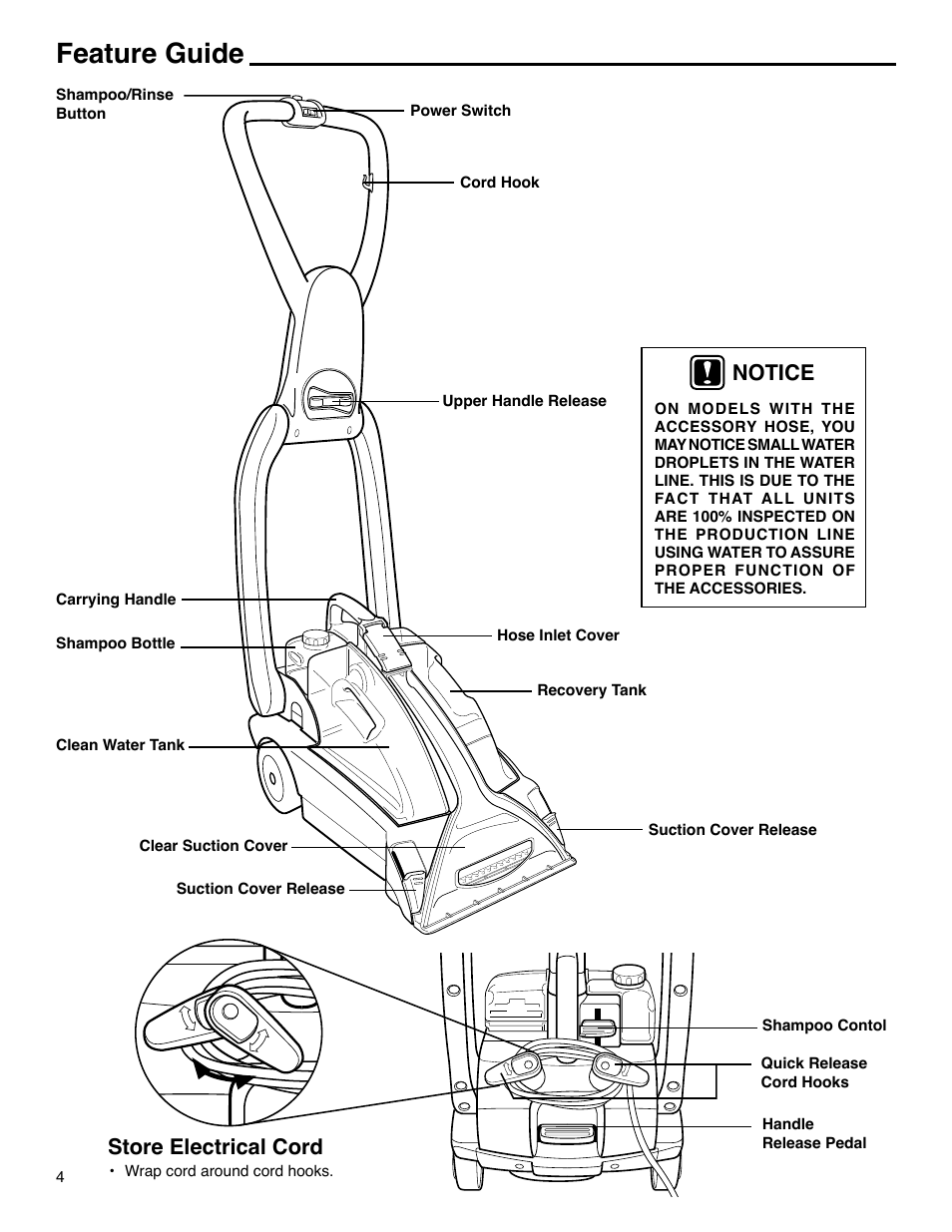Feature guide, Notice, Store electrical cord | Eureka 2590 Series User Manual | Page 4 / 11