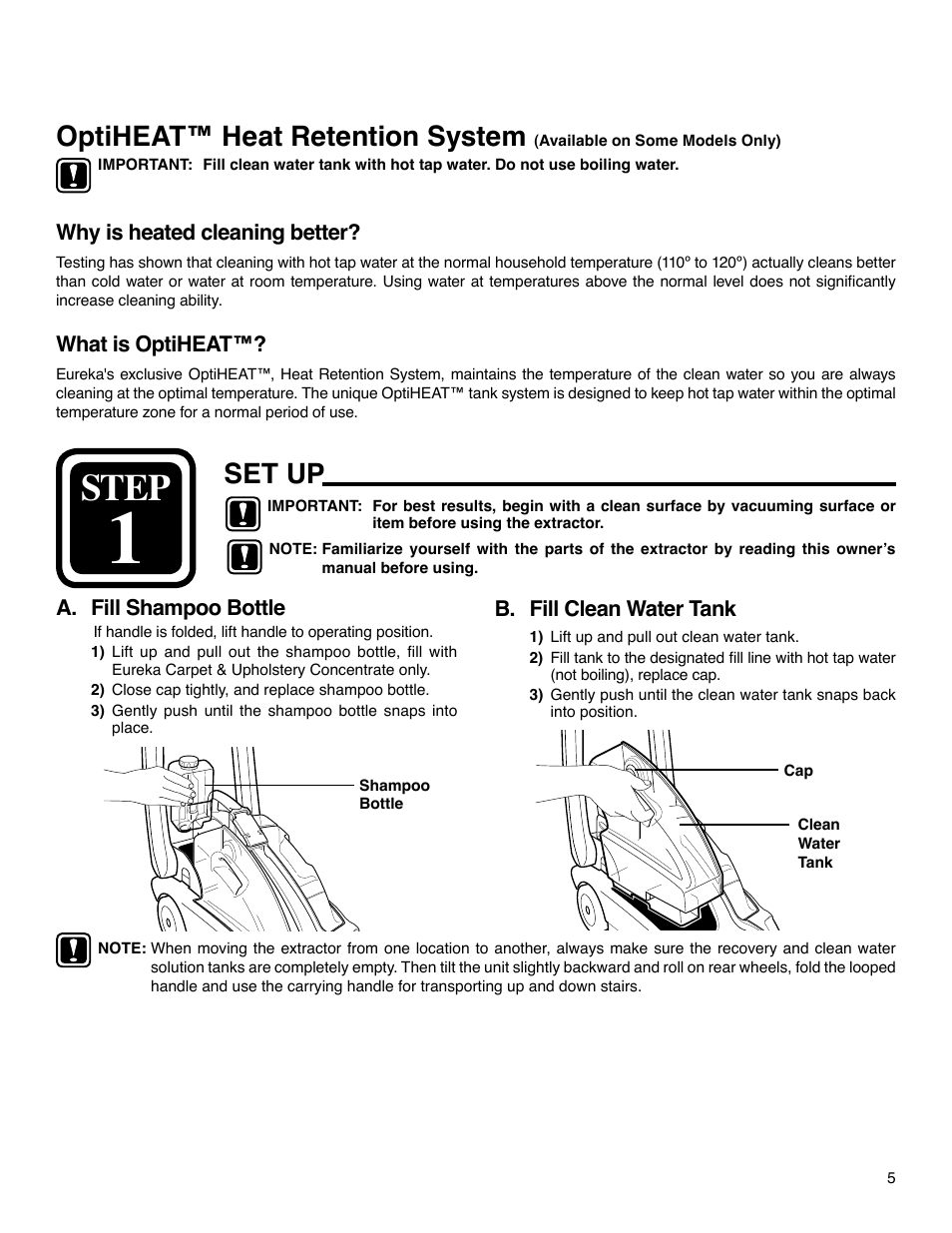 Step, Set up, Optiheat™ heat retention system | Eureka 2590 Series User Manual | Page 5 / 11