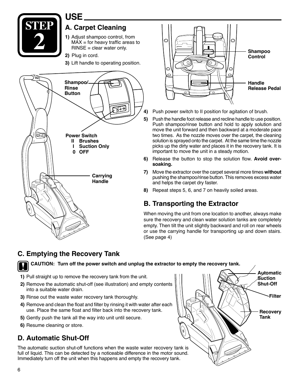 Step, C. emptying the recovery tank, A. carpet cleaning | B. transporting the extractor, D. automatic shut-off | Eureka 2590 Series User Manual | Page 6 / 11