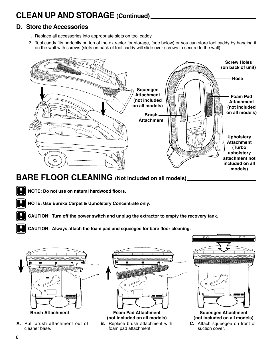 Bare floor cleaning, Clean up and storage, D. store the accessories | Continued) | Eureka 2590 Series User Manual | Page 8 / 11