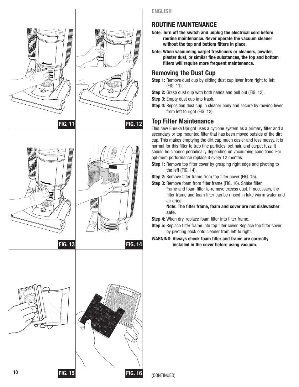 Routine maintenance, Removing the dust cup, Top filter maintenance | Eureka 2969 User Manual | Page 10 / 28
