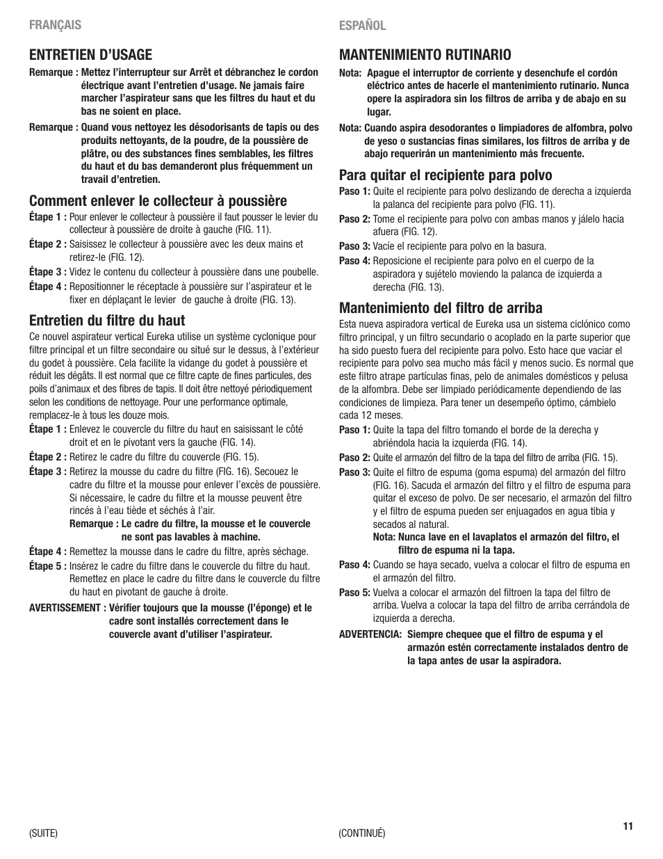 Mantenimiento rutinario, Para quitar el recipiente para polvo, Mantenimiento del filtro de arriba | Entretien d’usage, Comment enlever le collecteur à poussière, Entretien du filtre du haut | Eureka 2969 User Manual | Page 11 / 28
