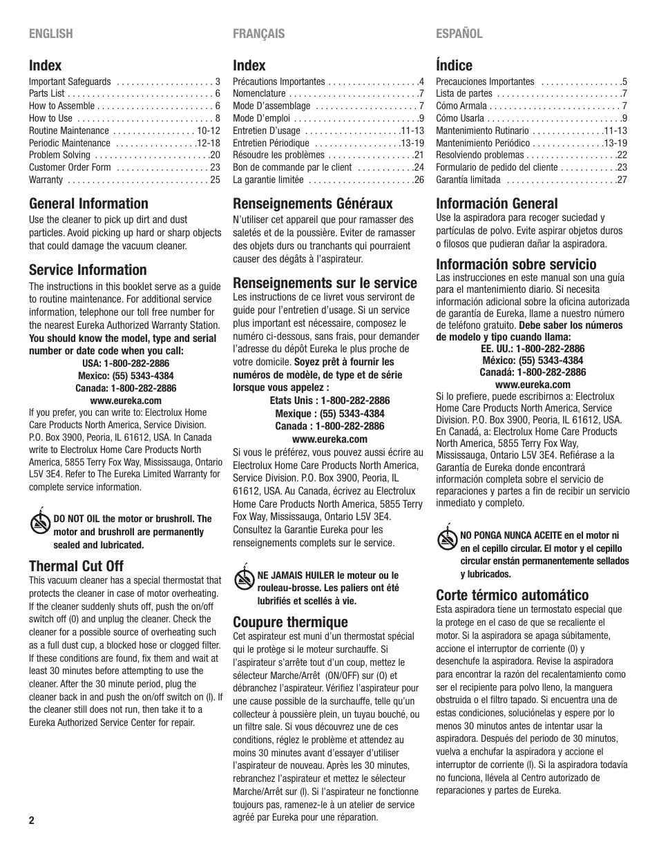 Index, General information, Service information | Thermal cut off, Renseignements généraux, Renseignements sur le service, Coupure thermique, Índice, Información general, Información sobre servicio | Eureka 2969 User Manual | Page 2 / 28