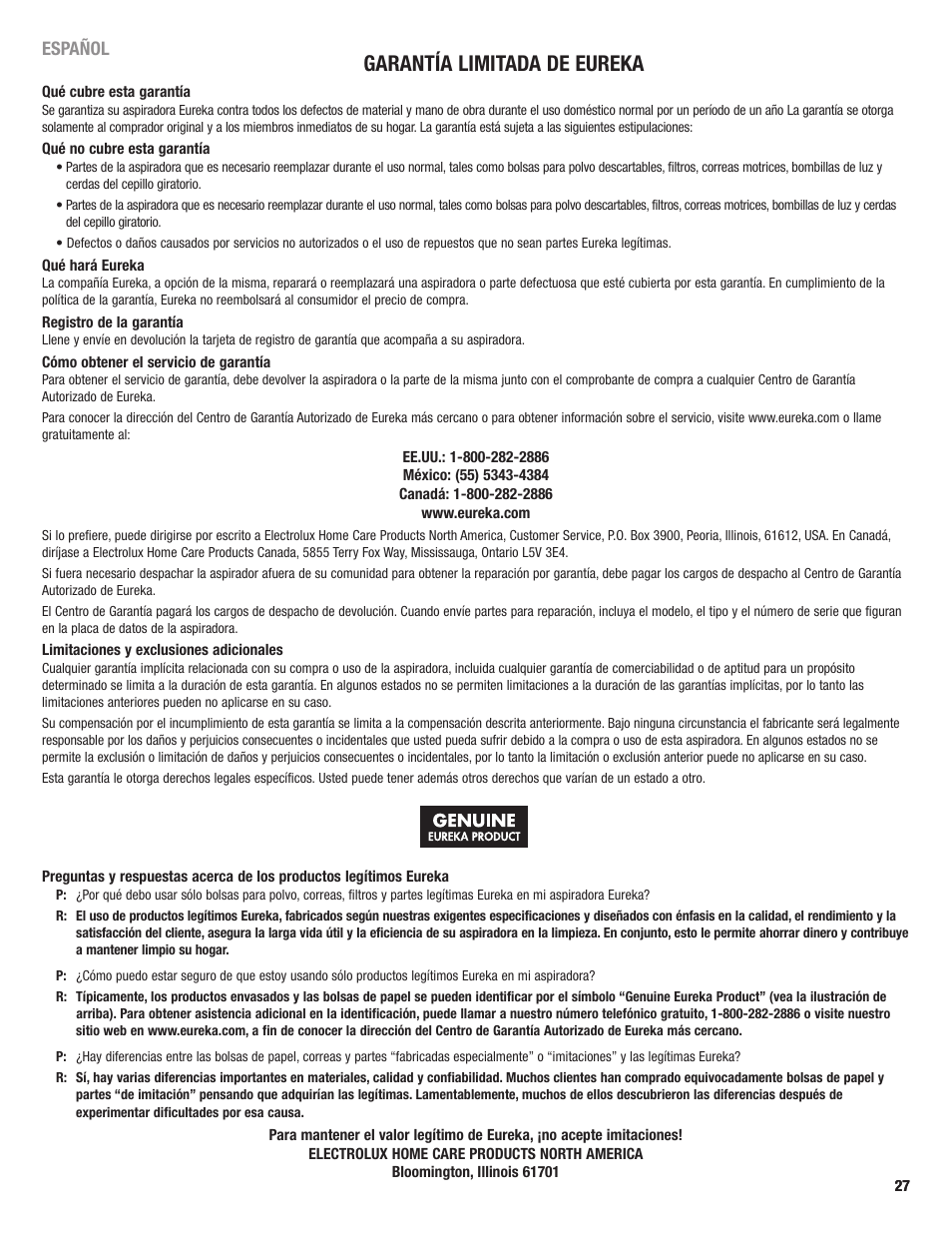 Garantía limitada de eureka | Eureka 2969 User Manual | Page 27 / 28