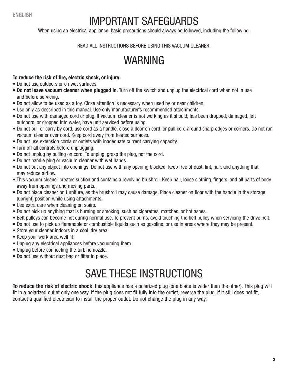 Important safeguards, Warning, Save these instructions | Eureka 2969 User Manual | Page 3 / 28