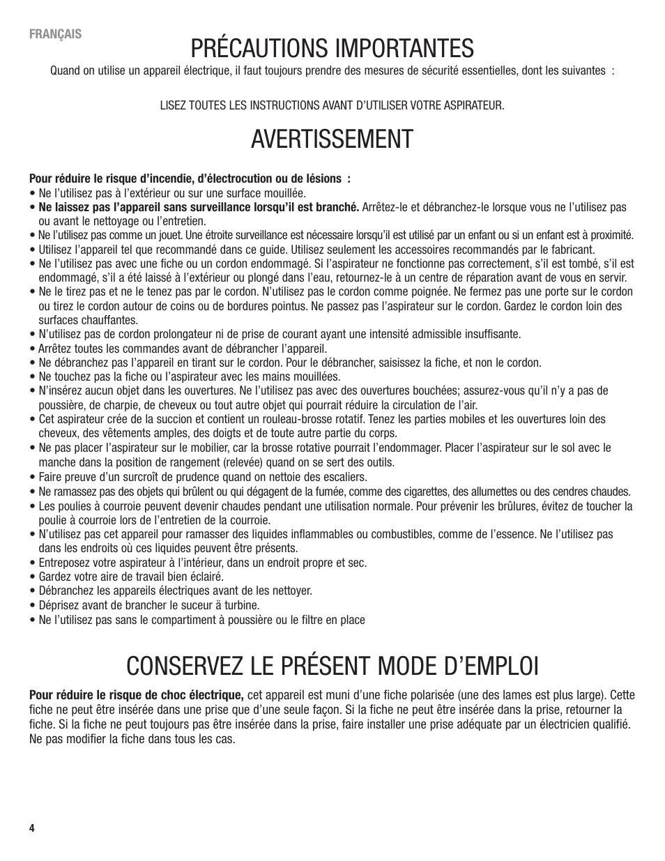 Précautions importantes, Avertissement, Conservez le présent mode d’emploi | Eureka 2969 User Manual | Page 4 / 28