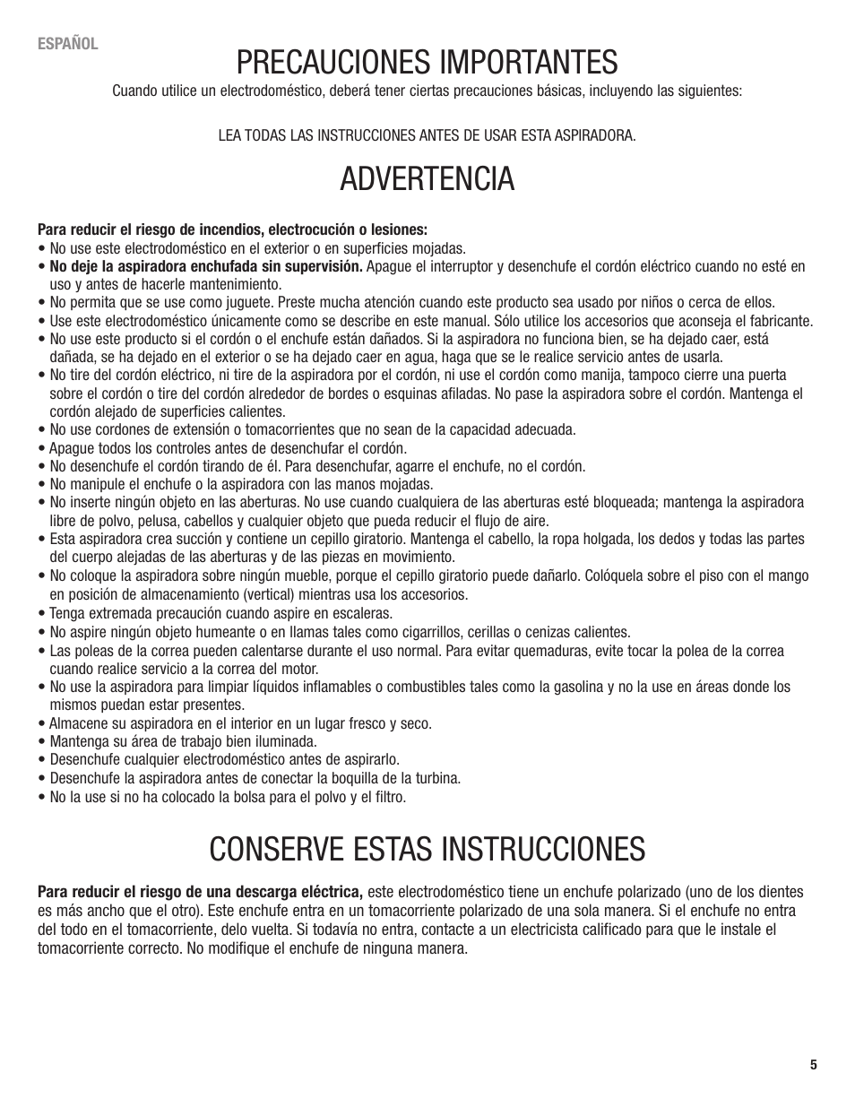 Precauciones importantes, Advertencia, Conserve estas instrucciones | Eureka 2969 User Manual | Page 5 / 28
