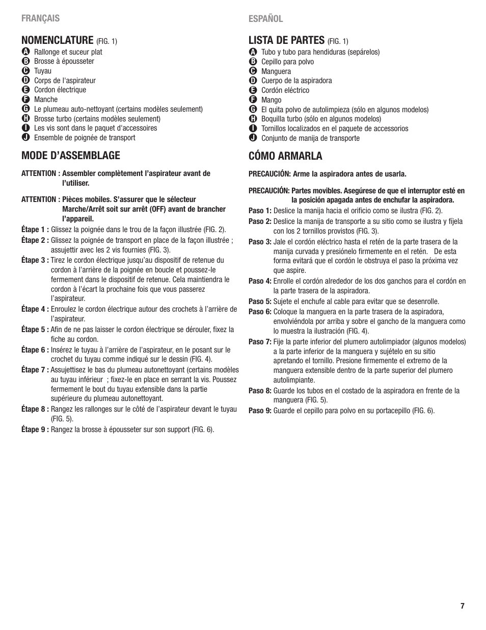 Lista de partes, Cómo armarla, Nomenclature | Mode d’assemblage | Eureka 2969 User Manual | Page 7 / 28