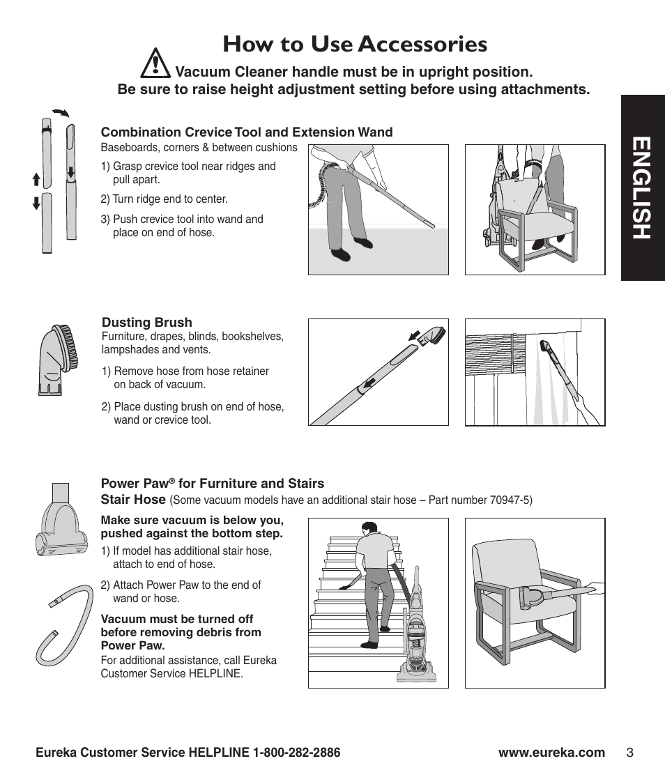 En g l is h, How to use accessories | Eureka 3040 Series User Manual | Page 5 / 8