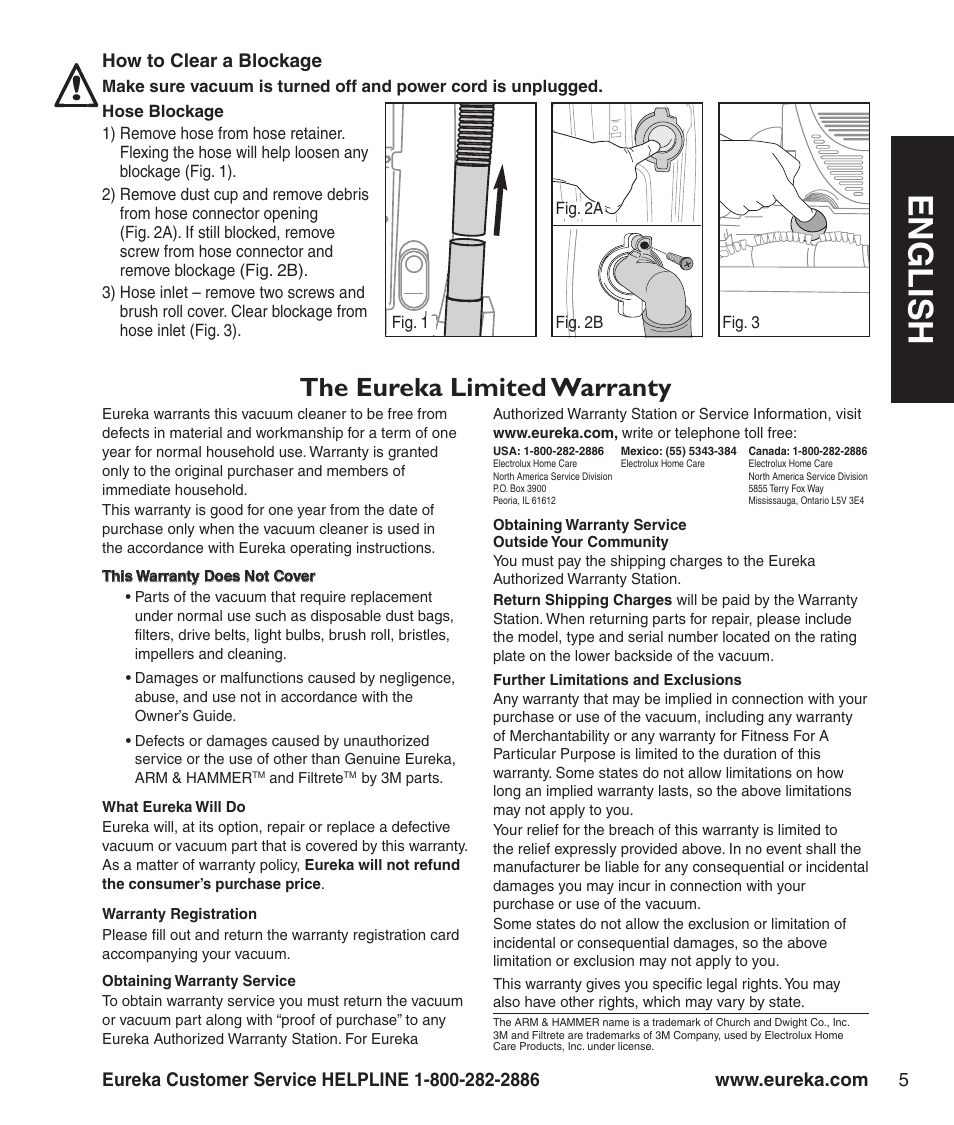 En g l is h, The eureka limited warranty | Eureka 3040 Series User Manual | Page 7 / 8